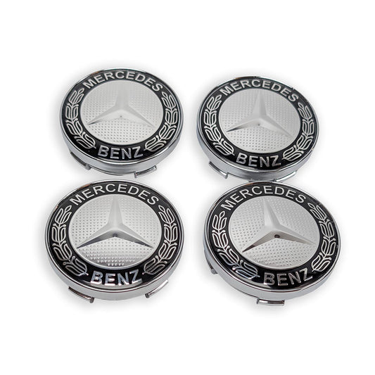 Komplettes Set 4 Stück Mercedes-Benz Felgendeckel 60mm Schwarz Glanz Lorbeerkranz.