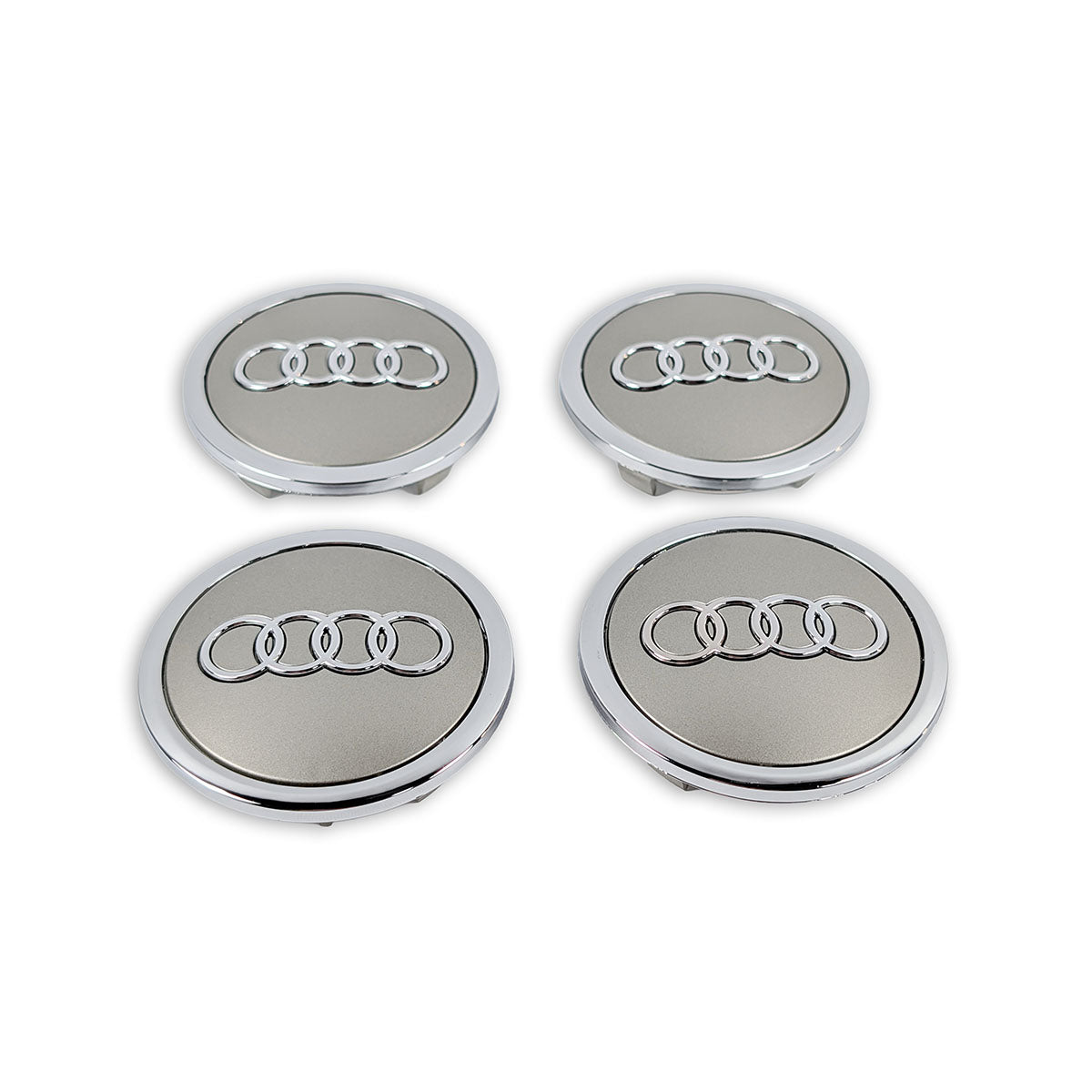 Hochwertige Audi Felgendeckel 69mm in Grau Chrom Set für Radnabenabdeckung.
