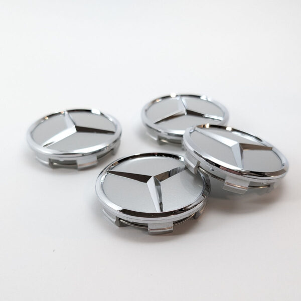 Nabenkappen 60/57 mm passend für Mercedes-Benz in Chrom Silber – Vorderseite, 4 Stück