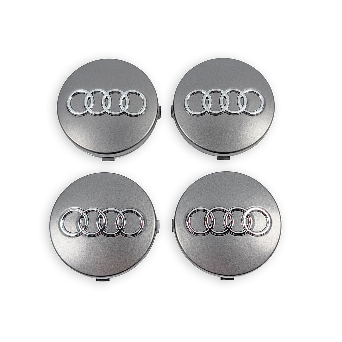 4er Set Audi Nabenkappen 60mm in Grau mit Chrom-Ringen Draufsicht