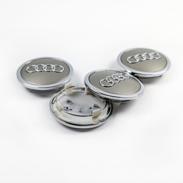 Detailaufnahme der Audi Radkappen 69mm aus robustem ABS Kunststoff grau.