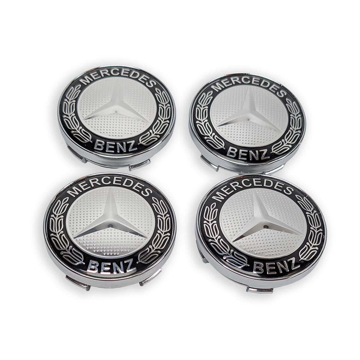 Komplettes Set 4 Stück Mercedes-Benz Felgendeckel 60mm Schwarz Glanz Lorbeerkranz.