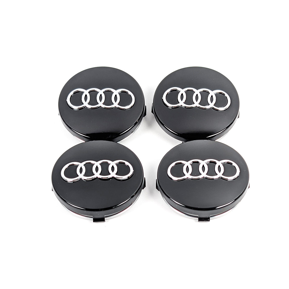 4er Set Audi Nabendeckel schwarz 60mm Frontansicht mit Chrom-Logo