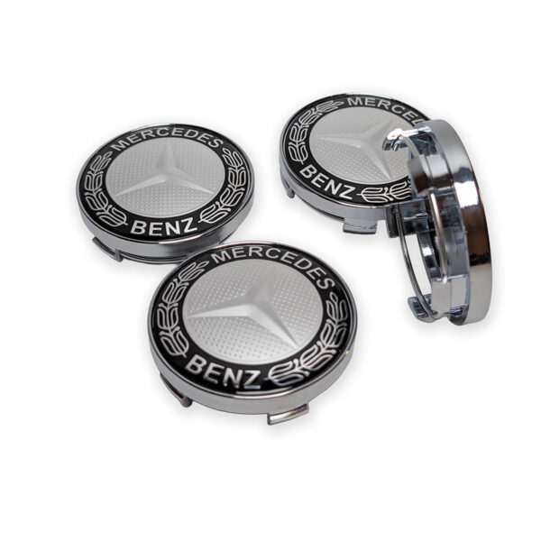 Mercedes Nabendeckel 60mm Schwarz Silber Lorbeerkranz Design für Alufelgen.