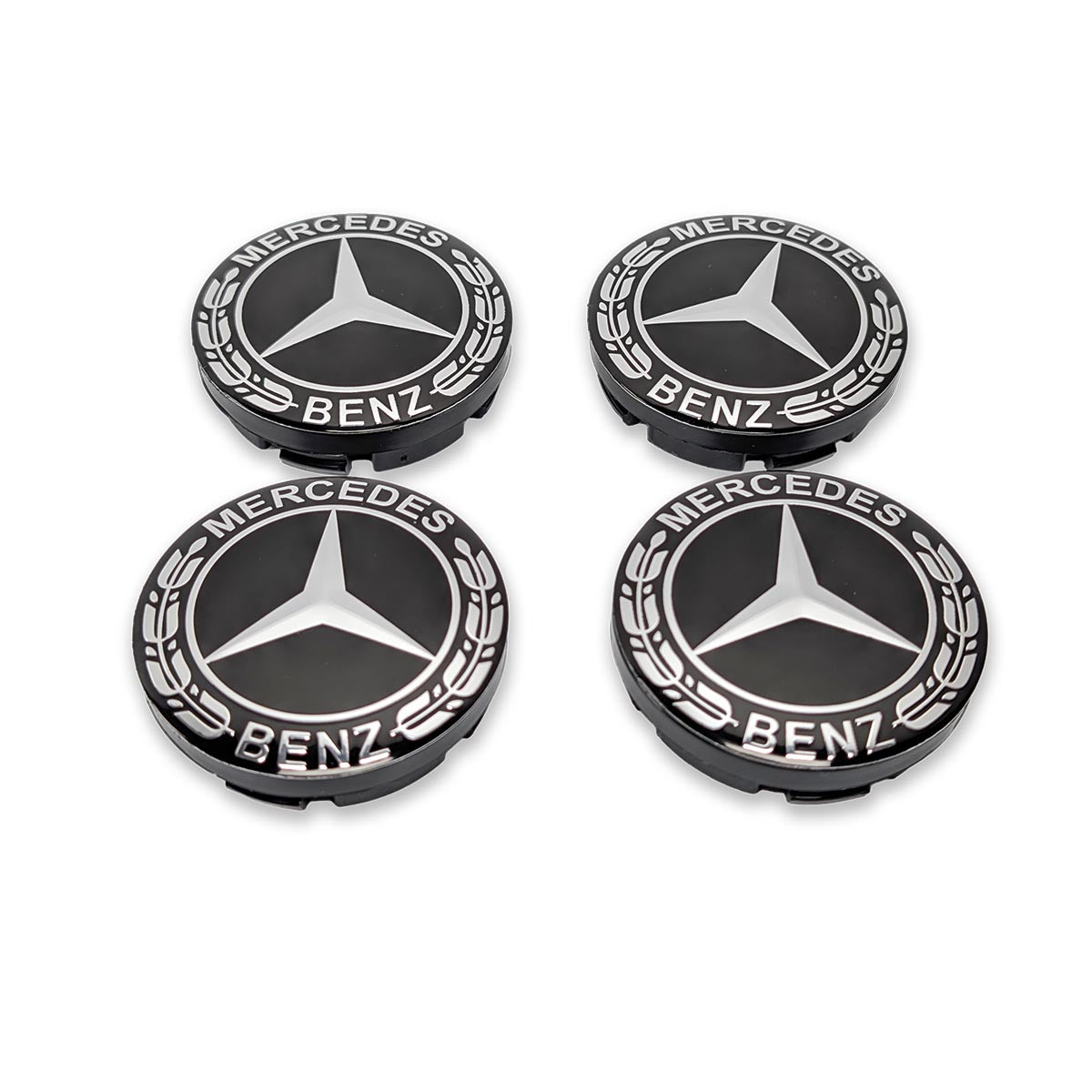 4er Set Mercedes Nabendeckel 56mm Schwarz Lorbeerkranz Design Frontansicht