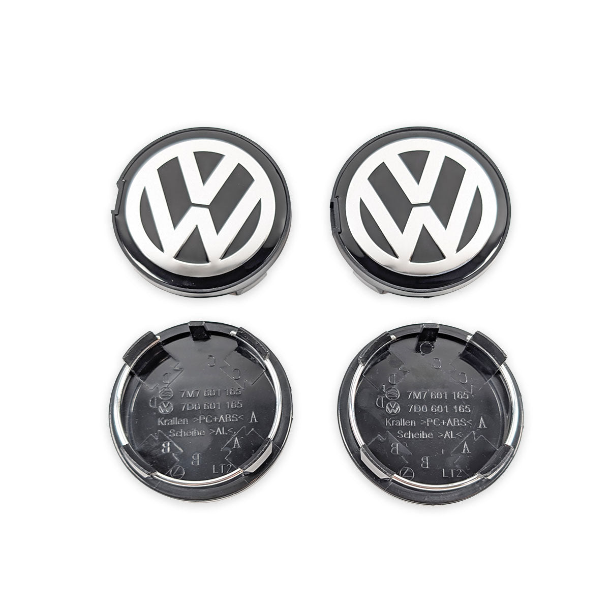 VW Nabenkappen 63/56mm Set 4 Stück Rückseite mit Teilenummer 7D0 601 165 und Materialhinweis PC+ABS