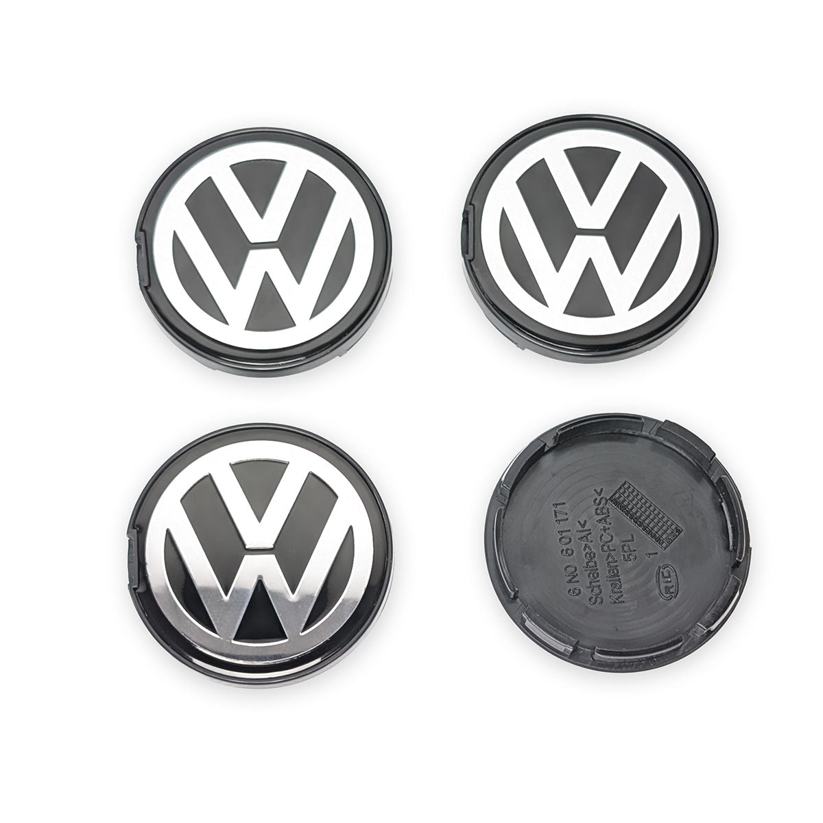 VW Radnabenabdeckungen, 55/52mm Durchmesser, Detailansicht der Vorder- und Rückseite mit Prägung der Teilenummer 6N0 601 171 und Materialangaben (PC+ABS).