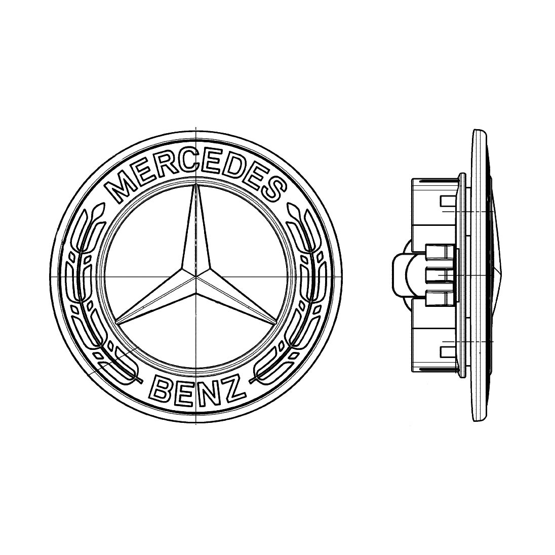Technische Skizze und Abmessungen für Mercedes-Benz Firmenzeichen A0008171701 – Darstellung von Front- und Seitenprofil zur Prüfung der Passgenauigkeit