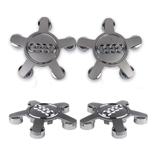 Set aus 4 Audi Nabenkappen 135mm Sternform in Grau mit Chrom-Logo, Vorder- und Seitenansicht.