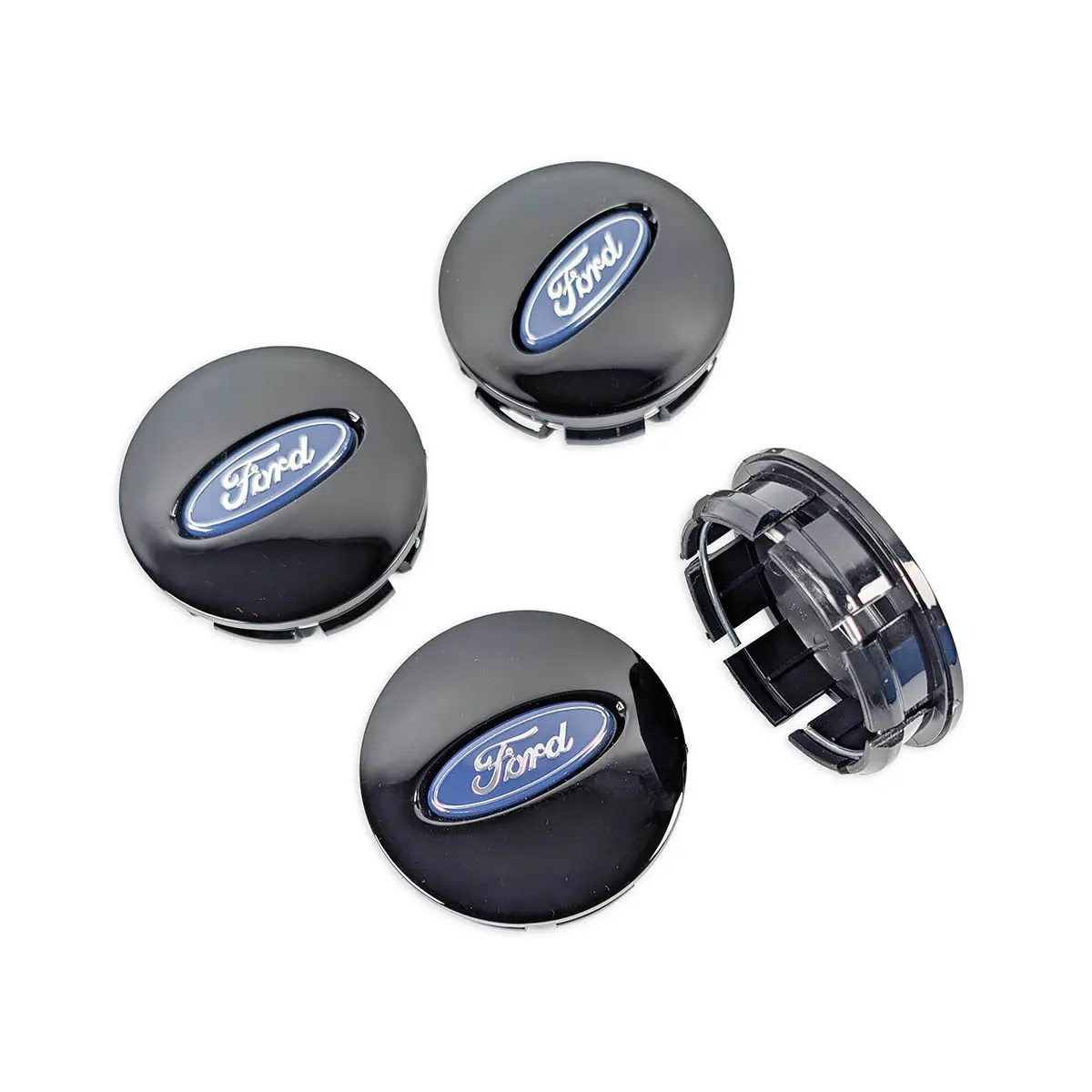 Seitenansicht der glänzenden Ford Felgendeckel zur Veranschaulichung der Clip-Tiefe.