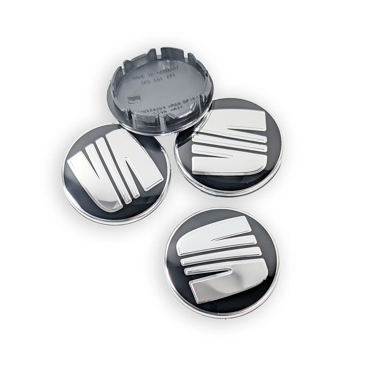 Rückseite der SEAT Radnabenabdeckung mit Teilenummer 5F0601171 und Clip-Maß