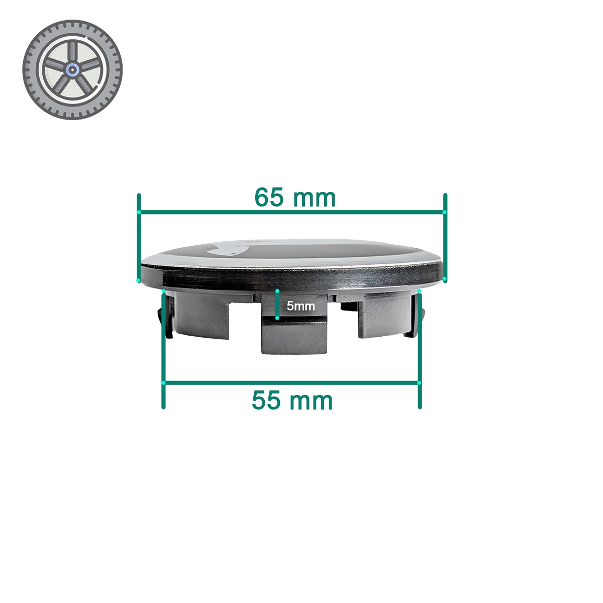 Maßskizze für Skoda Nabenkappen Außendurchmesser 65mm und Innenmaß 55mm.