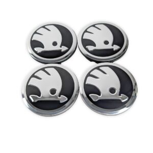 4er Set Skoda Nabenkappen 65mm in Schwarz Chrom Optik Frontansicht.