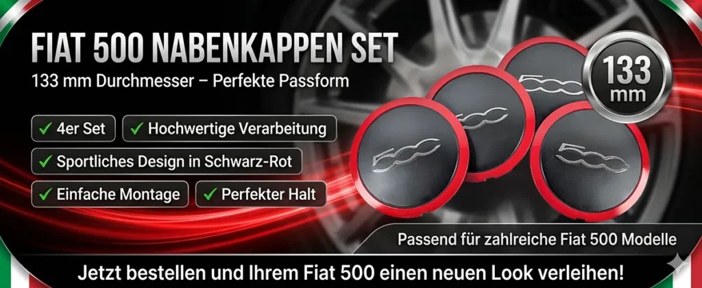 Fiat 500 Nabenkappen 133 mm Schwarz Rot Banner