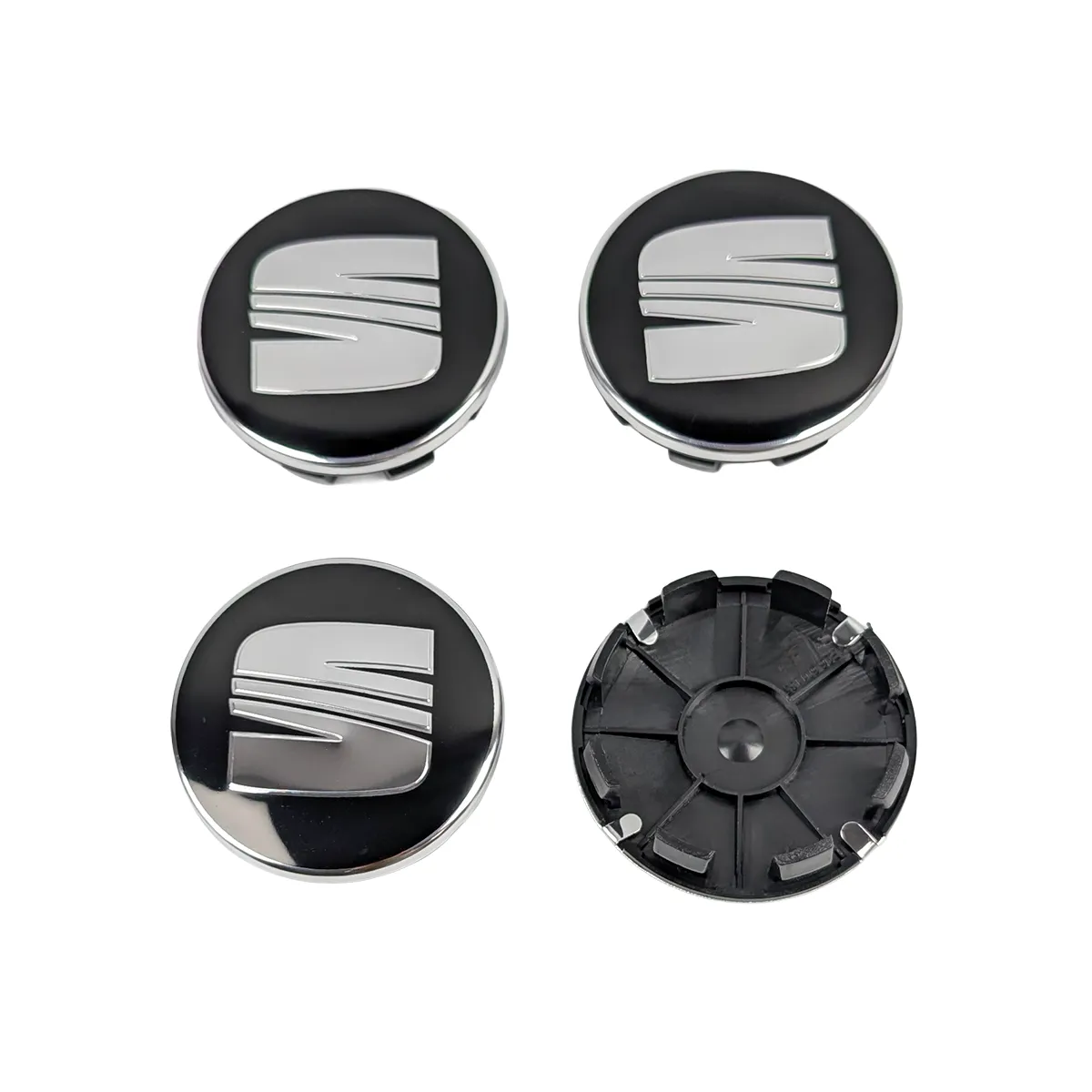 SEAT Nabenkappen 63mm Set Vorder- und Rückansicht mit Klemmbefestigung