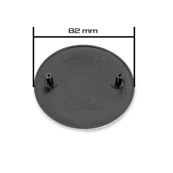mit DurchmesserangabeBMW Emblem 82mm schwarz weiß – Rückseite mit 2 Halte-Pins und 82-mm-Maßangabe