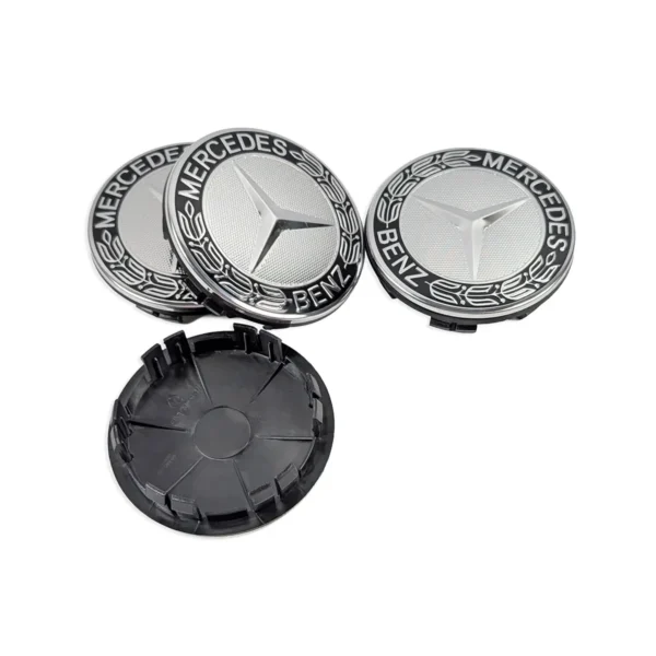 Schwarz-silberne Nabenkappen 75/66,8 mm mit Kunststoff-Halteklammern