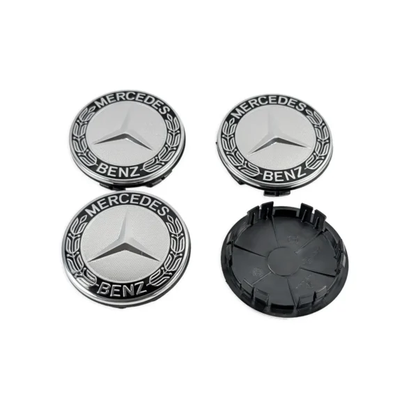 Mercedes Nabendeckel 75mm Schwarz-Silber mit Stern und Lorbeerkranz
