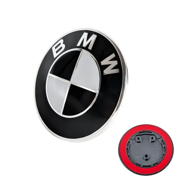 BMW Emblem 82mm 3 Pin Schwarz Weiss mit Aluminium Rand