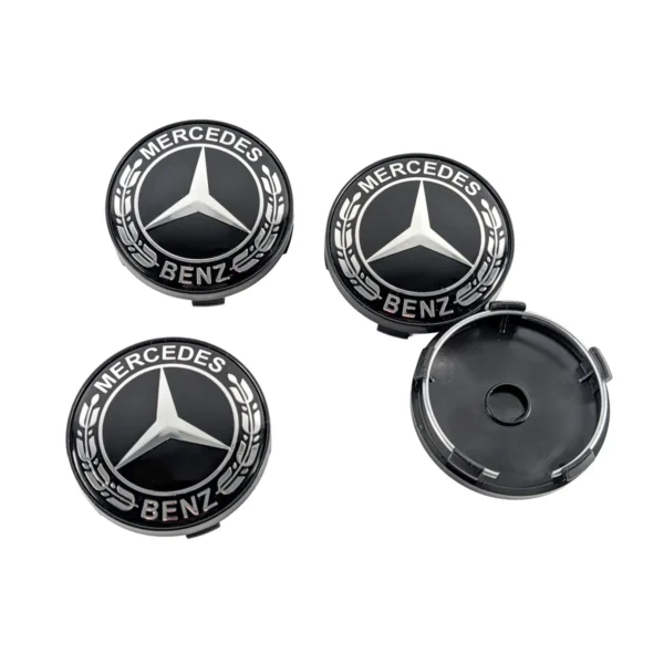 Nabendeckel 60mm Mercedes Lorbeerkranz schwarz 4er Set Vorder- und Rueckseite