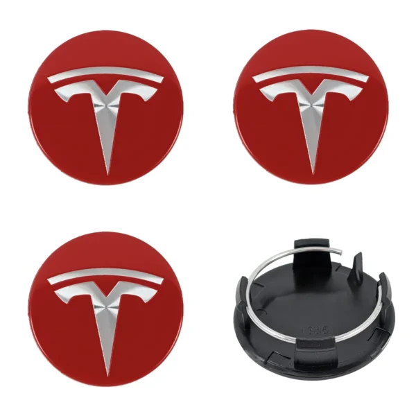 Tesla Nabenkappen 56mm rot silber mit Metall Spannring Rueckseite 1385