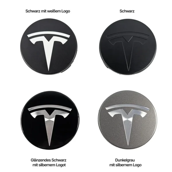 Tesla Nabendeckel 56mm Set 4 Farben Uebersicht Schwarz Grau Silber