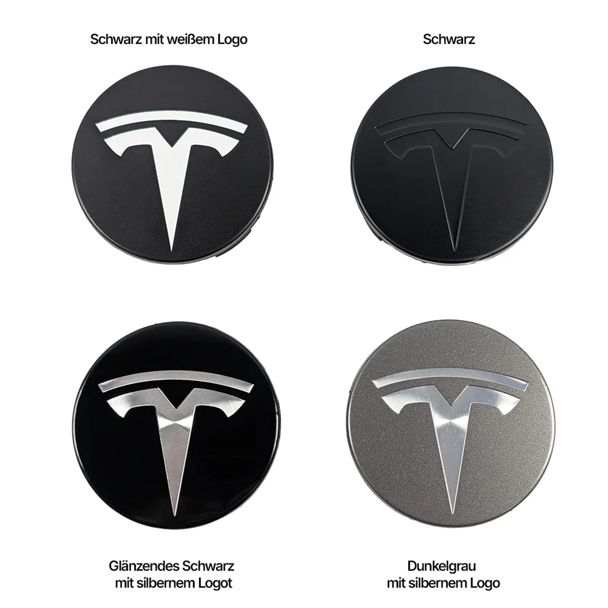 Tesla Nabendeckel 56mm Set 4 Farben Uebersicht Schwarz Grau Silber