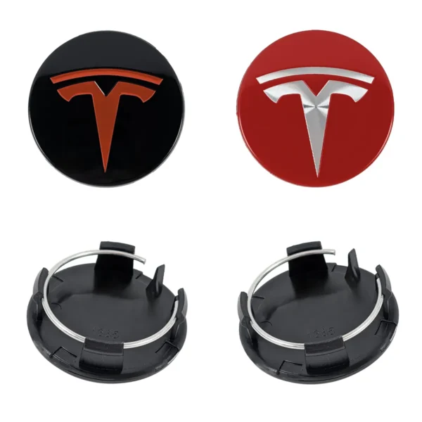 Tesla Nabenkappen 56mm Set in Schwarz Rot und Rot Silber Vorder und Rueckseite