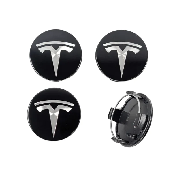 Tesla Nabendeckel 56mm Schwarz Glaenzend mit silbernem Logo 4er Set