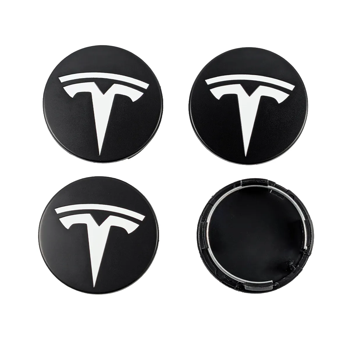 Nabendeckel 56mm passend fuer Tesla schwarz matt mit weissem Logo