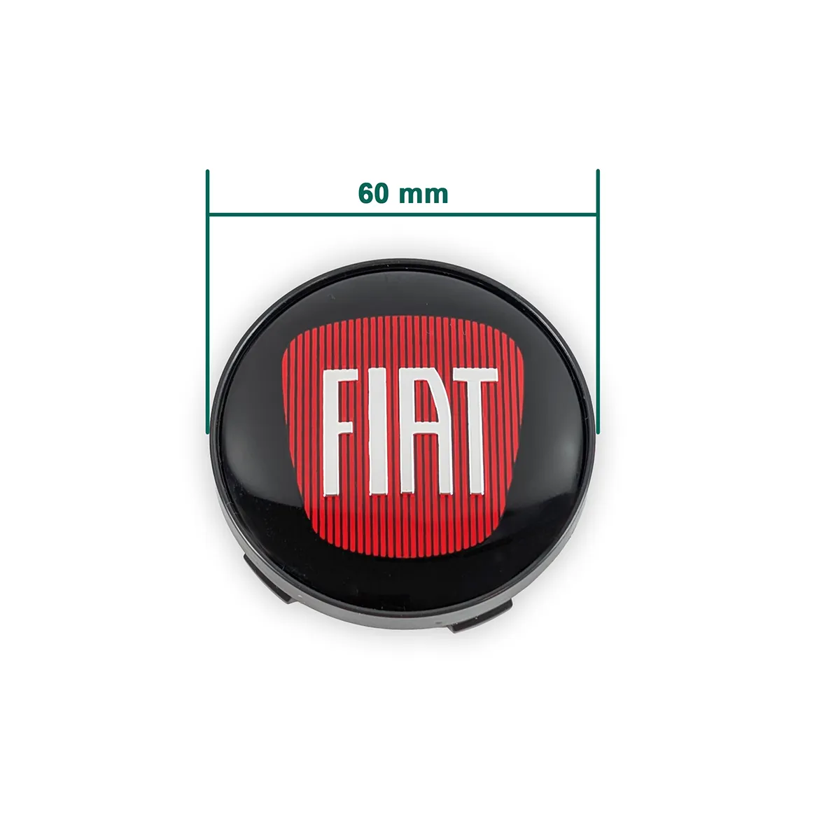 Fiat Nabenkappen 60mm Schwarz mit rotem Wappen und Maßangabe