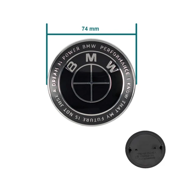 BMW Emblem schwarz 74mm mit M Performance Schriftzug und Rückansicht mit 2 Pins