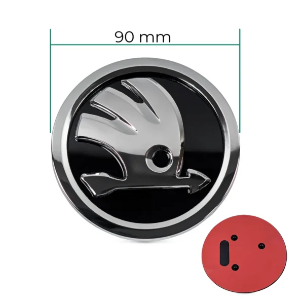 Skoda Emblem 90mm Maße und rote Klebeseite mit Führungsstiften