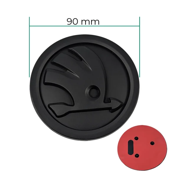 Skoda Emblem 90mm in Schwarz Matt rueckseite mit abmessungen